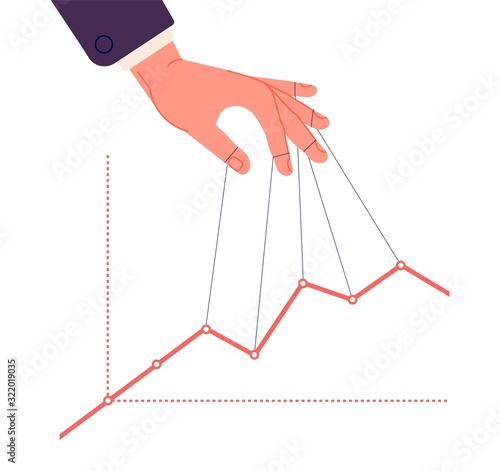 Puppet master controlling chart. Business speculate graph, control finance indicators and marketing. Hand manipulates price vector concept. Illustration puppet chart, hand control and manipulating