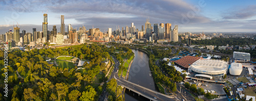 Aerial panoramic view of the Rod Laver arena and the city of Melbourne Australia