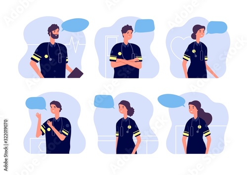 Paramedic. Medical team, first aid staff. Doctor avatars, modern ambulance workers with stethoscopes and speech bubbles. Vector nurses set of medical emergency team, ambulance doctor illustration