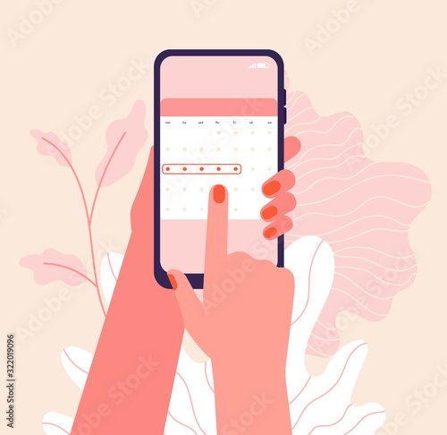 Menstruation cycle. Hands hold woman periods calendar. Menstrual phone application, ovulation check. Vector female health illustration. Female control planning menstrual application