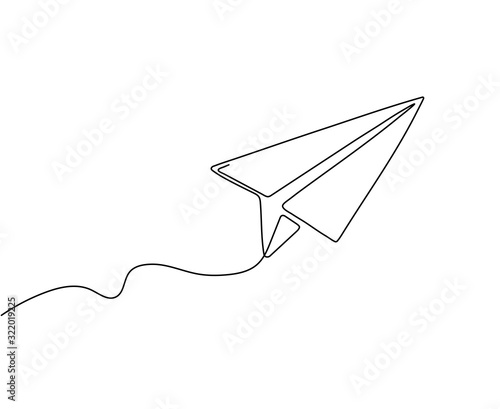 One line paper plane. Abstract flying airplane background. Continuous outline drawing origami aircraft. Vector isolated travel sign. Illustration airplane drawing, flight aviation outline