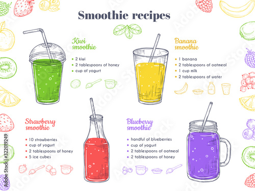 Smoothie recipes. Green healthy shakes, detox food. Fruit vegan drinks, fresh menu and raw ingredients. Cocktail menu vector illustration. Smoothie vegan, organic drink cocktail detox