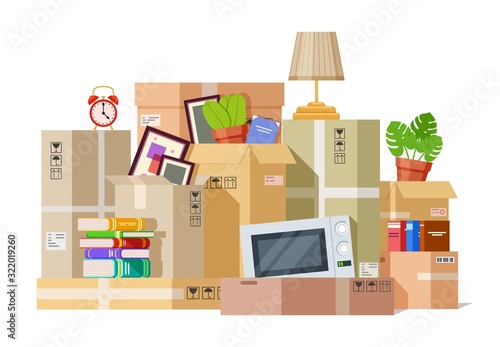 Moving boxes. Carton box packing family stuff. Cardboard parcels relocation, cargo package to new house. We are moved vector illustration. Package cardboard, pack for relocation, carton cargo photo