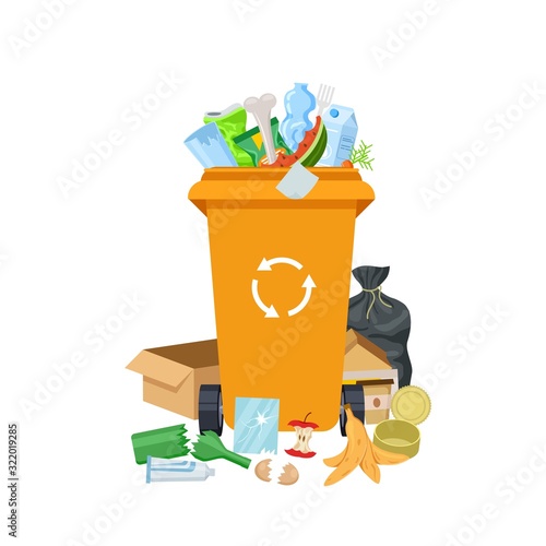 Garbage waste. Overflowing trash can, dirty rubbish bin. Recyclable mixed junk container. Different litter and dustbin vector illustration. Waste and garbage, trash container, overflowing rubbish bin