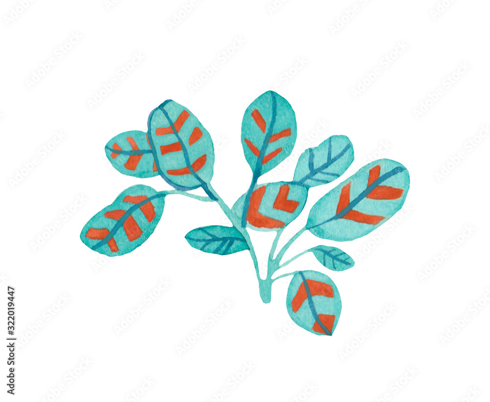 Watercolor Calathea in Aqua Menthe and Phantom Blue,Lush Lava. Illustration of the home plant hand drawn on a white isolated background. Design for stickers,cards,prints,packaging.