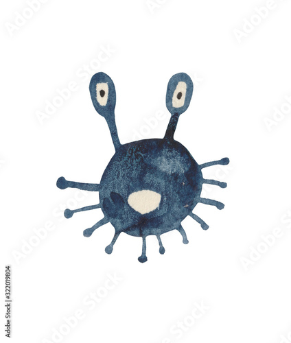 Watercolor cheerful microbe of blue color. A unique creature for children's products and designer compositions. The creature will look great on fabric or paper