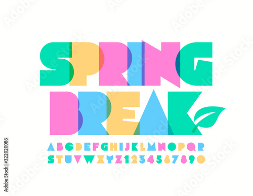 Vector colorful Sign Spring Break. Bright original Font. Stylish Alphabet Letters and Numbers.