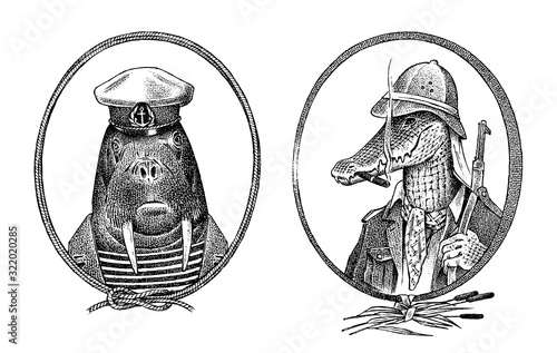 Animal character. Walrus sailor and crocodile safari hunter or alligator. Hand drawn marine portrait. Engraved old monochrome sketch for card, label or tattoo. Creature in hipster style.