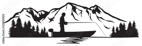 Fisherman in a boat and mountain landscape (vector illustration)