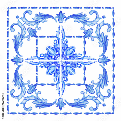 Azulejos - Portuguese tiles blue watercolor pattern. Traditional tribal ornament. Vector imitation of ceramics