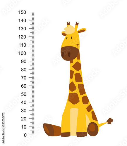 Sitting Cheerful funny giraffe with long neck. Height meter or meter wall or wall sticker from 0 to 150 centimeters to measure growth. Childrens vector illustration