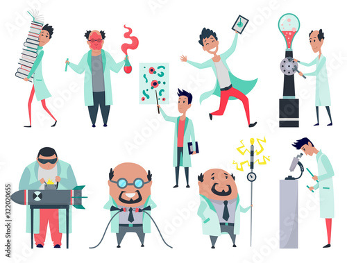 Set of male scientists characters in laboratory. Doctor research in a laboratory lab. Crazy scientist laughing, stereotype of scientist. Vector illustration isolated on white background