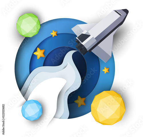 Space shuttle fly in space with star and planet. Science concept inspiration. Paper art cartoon 3d realistic trendy craft style. Modern origami design template. Funny cute vector illustration.