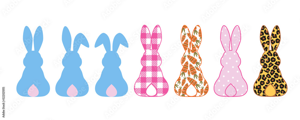Naklejka . Silhouettes collection of Rabbits . Bunny ears, Leopard, buffalo plaid, polka dots, carrot pattern..Vector clipart. Easter design elements.