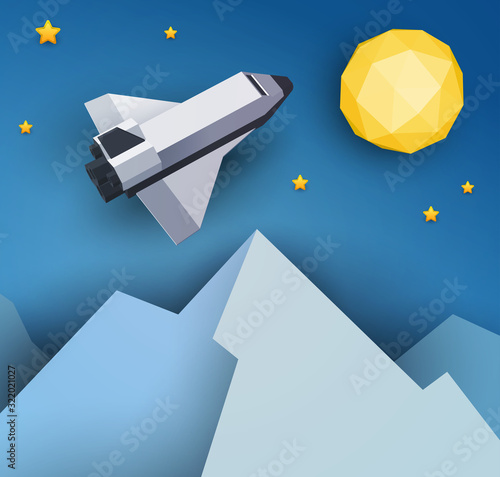 Space shuttle fly in space above mountains. Science concept inspiration. Paper art cartoon 3d realistic trendy craft style. Modern origami design template. Funny cute vector illustration.