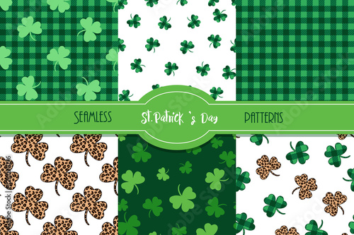 .St. Patrick's Day collection. Vector seamless patterns with green, leopard and checkered shamrocks. Clover leaves festive textures..