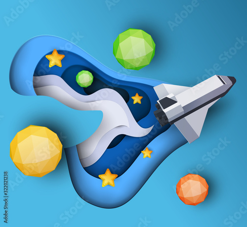 Space shuttle fly in space with planet and stars. Science concept inspiration. Paper art cartoon 3d realistic trendy craft style. Modern origami design template. Funny cute vector illustration.