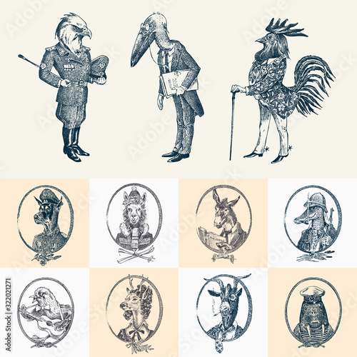 Animal characters set. Bald eagle Rooster Stork Walrus Crocodile Goat Dog Donkey Alpaca Llama Deer. Hand drawn portrait. Engraved monochrome sketch for card, label or tattoo. Hipster Anthropomorphism.