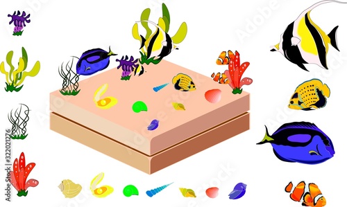 animals and inhabitants of the seabed for playing in the style of an isometric tropical reef scene