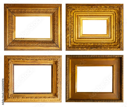 Golden antique baguette picture frame set on isolated white background