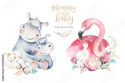 Watercolor cute cartoon illustration with cute mommy flamingo and baby, flower leaves. Mother hippo and baby illustration bird design. Tropical mom bird