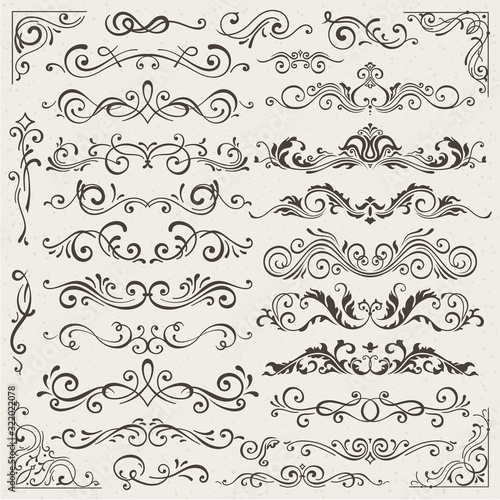 Vector set of calligraphic design elements and page decorations. Elegant collection of hand drawn swirls and curls for your design. Isolated on beige background