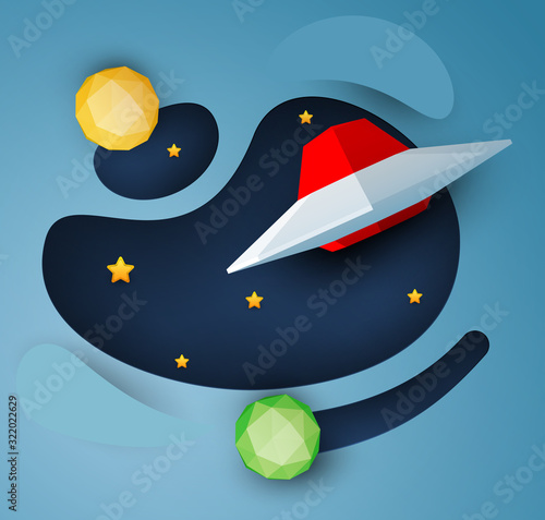 Red ufo spaceship fly in space with star and planet. Science concept inspiration. Paper art cartoon 3d realistic trendy craft style. Modern origami design template. Funny cute vector illustration.