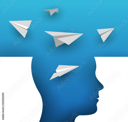Colorful head silhouette with white paper airplane. Abstract bright creative concept in minimalistic flat style. Vector illustration.