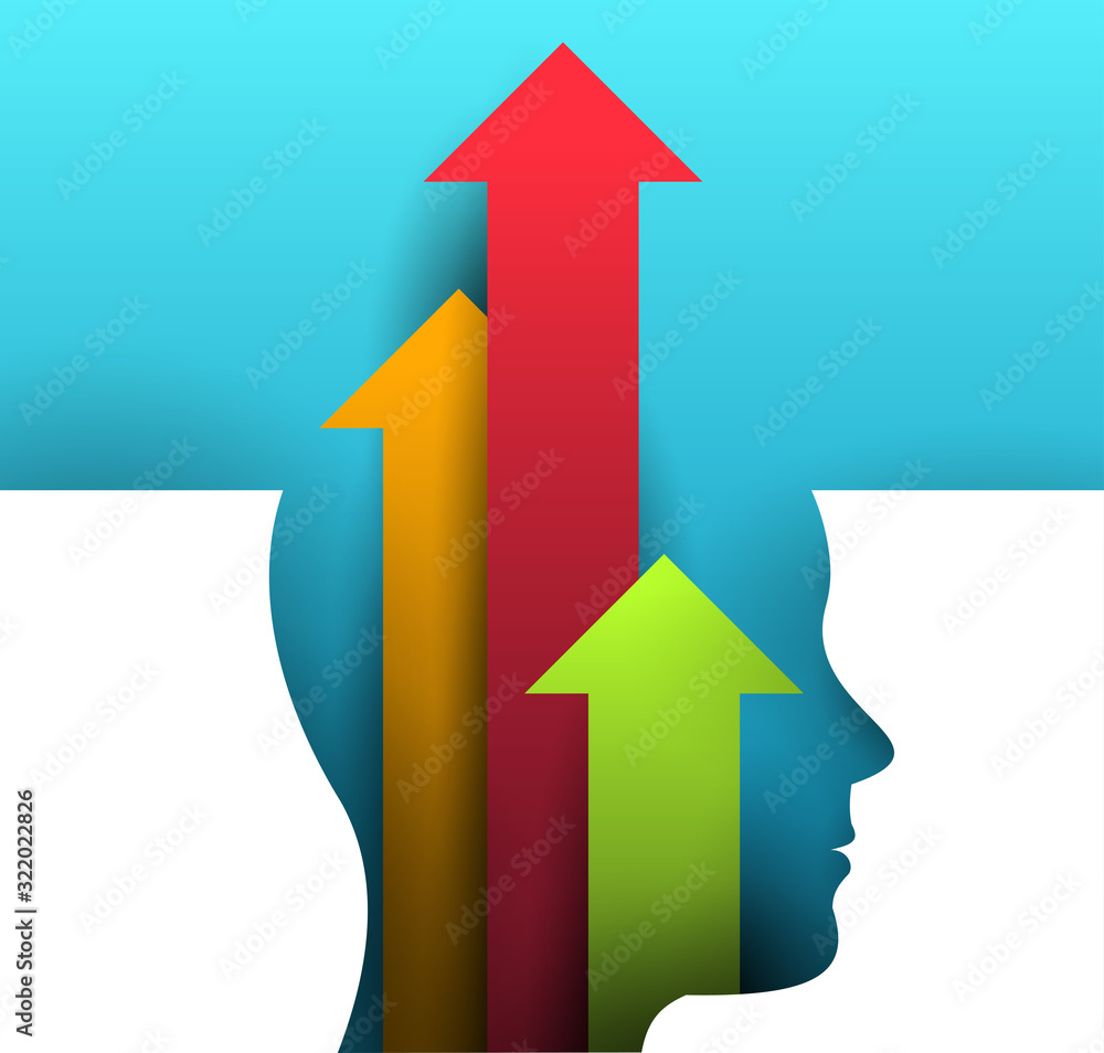 Colorful head silhouette with cartoon arrows flying up. Abstract bright creative concept in minimalistic flat style. Vector illustration. Colorful head silhouette with cartoon arrows flying up. Abstract bright creative concept in minimalistic flat style. Vector illustration.