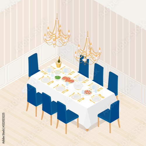 Isometric luxurious dinning room in beige. Vector illustration in flat design, isolated.