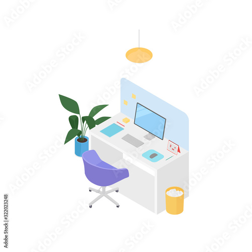 Modern isometric office cubicle on white. Vector illustration in flat design, isolated.