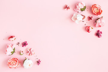 Flowers composition. Frame made of pink flowers on pastel pink background. Valentines day, mothers day, womens day concept. Flat lay, top view, copy space