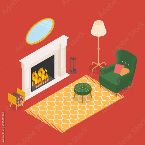 Isometric cozy living room with fireplace in red. Vector illustration in flat design, isolated.
