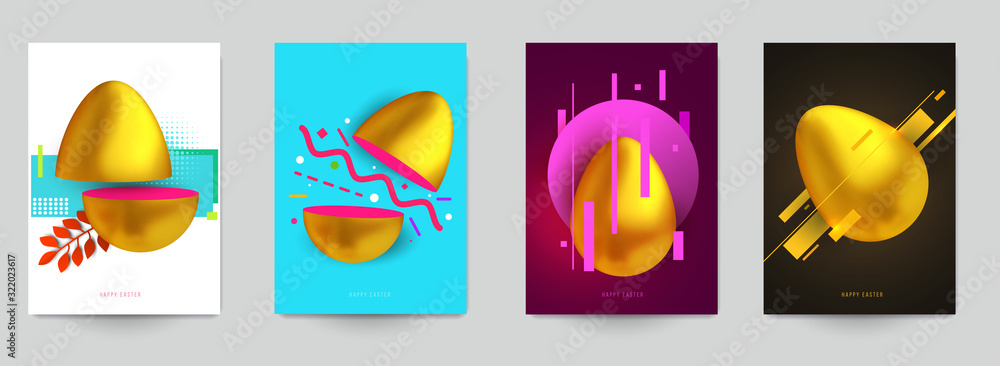 Happy easter concept. Set holiday background for cover card, invitation, poster, banner, flyer, placard. Minimal beautiful template design in realistic colorful 3d style. Vector illustration.