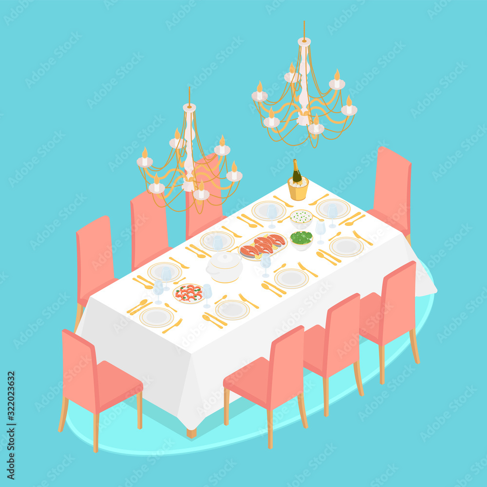 Isometric luxurious dining room in turquoise. Vector illustration in flat design, isolated.