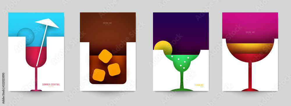 Naklejka Set of abstract silhouette cocktails with alcohol or juice in minimalistic geometric flat style. Creative colorful composition. Concept for branding menu, cover, flyer, banner. Vector illustration.
