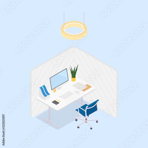 Modern isometric office cubicle in blue. Vector illustration in flat design, isolated.