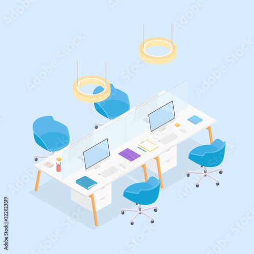 Modern isometric office cubicles in blue. Vector illustration in flat design, isolated.