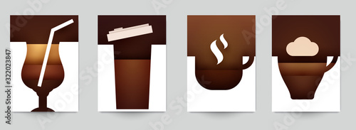 Collection silhouettes of coffee cup in minimal craft paper cut style. Creative colorful geometric composition. Concept template design for background cover, poster, flyer. Vector illustration.
