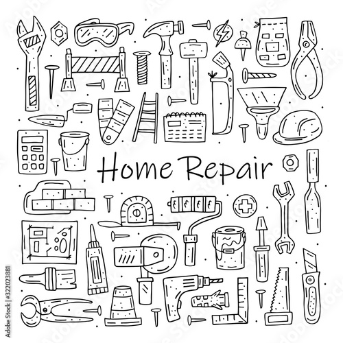 Home repair tools, instruments cartoon cute hand drawn doodle vector clipart, set, illustration, elements, stickers, icons. Black monochrome design. Isolated on white background. Easy to change color 