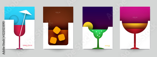 Fototapeta Set of abstract silhouette cocktails with alcohol or juice in minimalistic geometric flat style. Creative colorful composition. Concept for branding menu, cover, flyer, banner. Vector illustration.