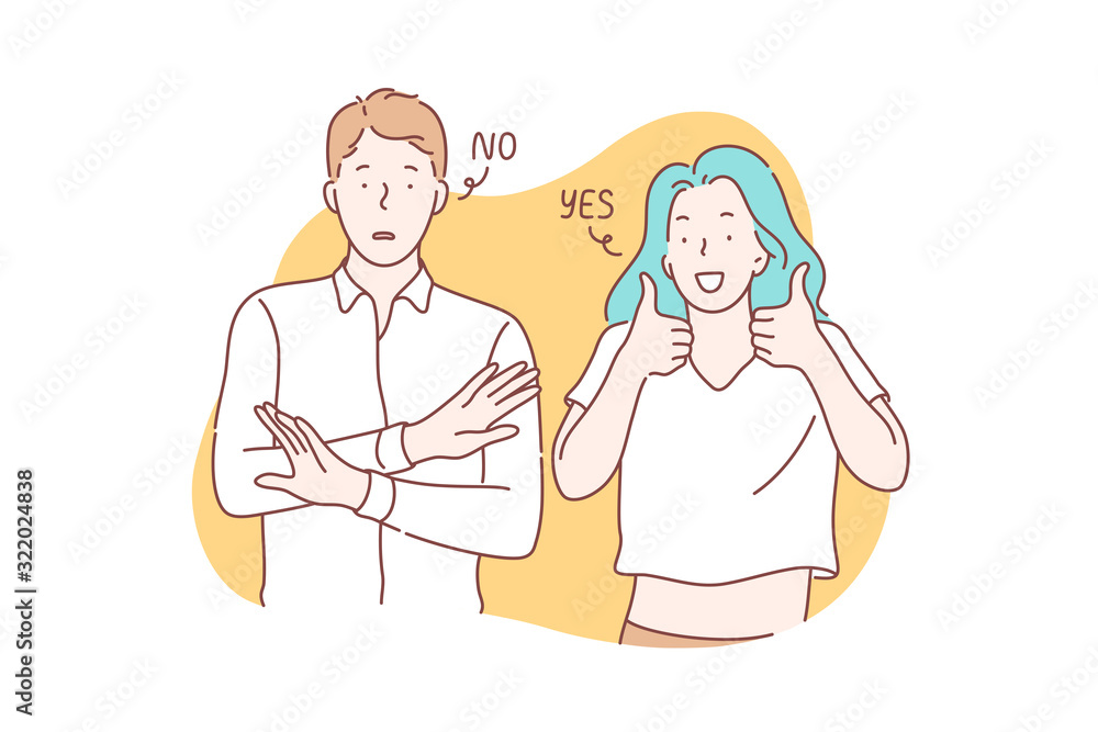Yes or no concept. Young couple shows opposite emotions. Frightened man or boy is showing stop sign and saying no. Happy woman or girl demonstrates approval, says yes and puts like. Simple flat vector Yes or no concept. Young couple shows opposite emotions. Frightened man or boy is showing stop sign and saying no. Happy woman or girl demonstrates approval, says yes and puts like. Simple flat vector