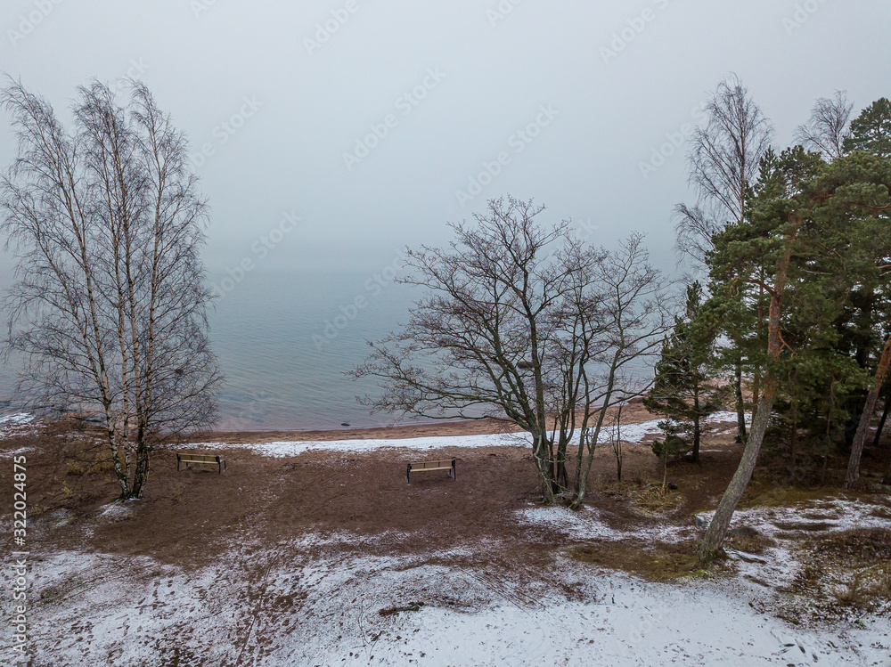 Aerial photo Misty, winter morning. Seascape in Finland Aerial photo Misty, winter morning. Seascape in Finland