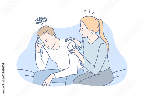 Depression, frustration, support concept. Young couple girlfriend is hugging, calming angry boyfriend. Upset frustrated woman embraces unhappy man. Depression raises stress level. Simple flat vector