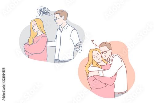 Relationship, reconciliation, quarrel set concept. Couple man husband and woman wife reconcile with each other. Frustrated boyfriend and angry stressful girlfriend quarrel in unhappy relationship.