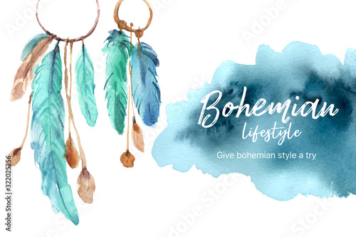 Bohemian frame design with feather watercolor illustration.