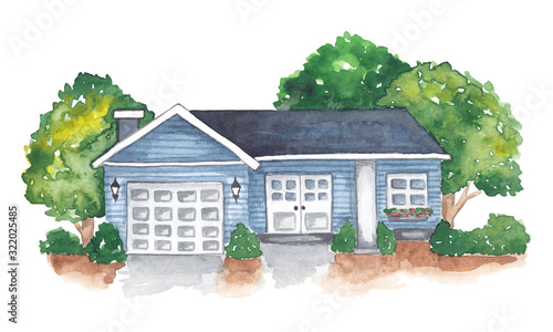 Blue american house watercolor drawing, isolated