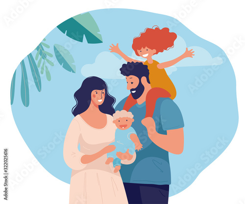 Beautiful family with two children on a natural background. Happy mom and dad with their children. Flat cartoon vector illustration isolated on white background.