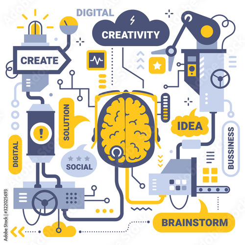 Vector creative business illustration of thought process. Mechanism of work brain center with tag word on white background.