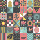 Vector seamless pattern with square patchwork mosaic design. Geometric jungle plants and trees.